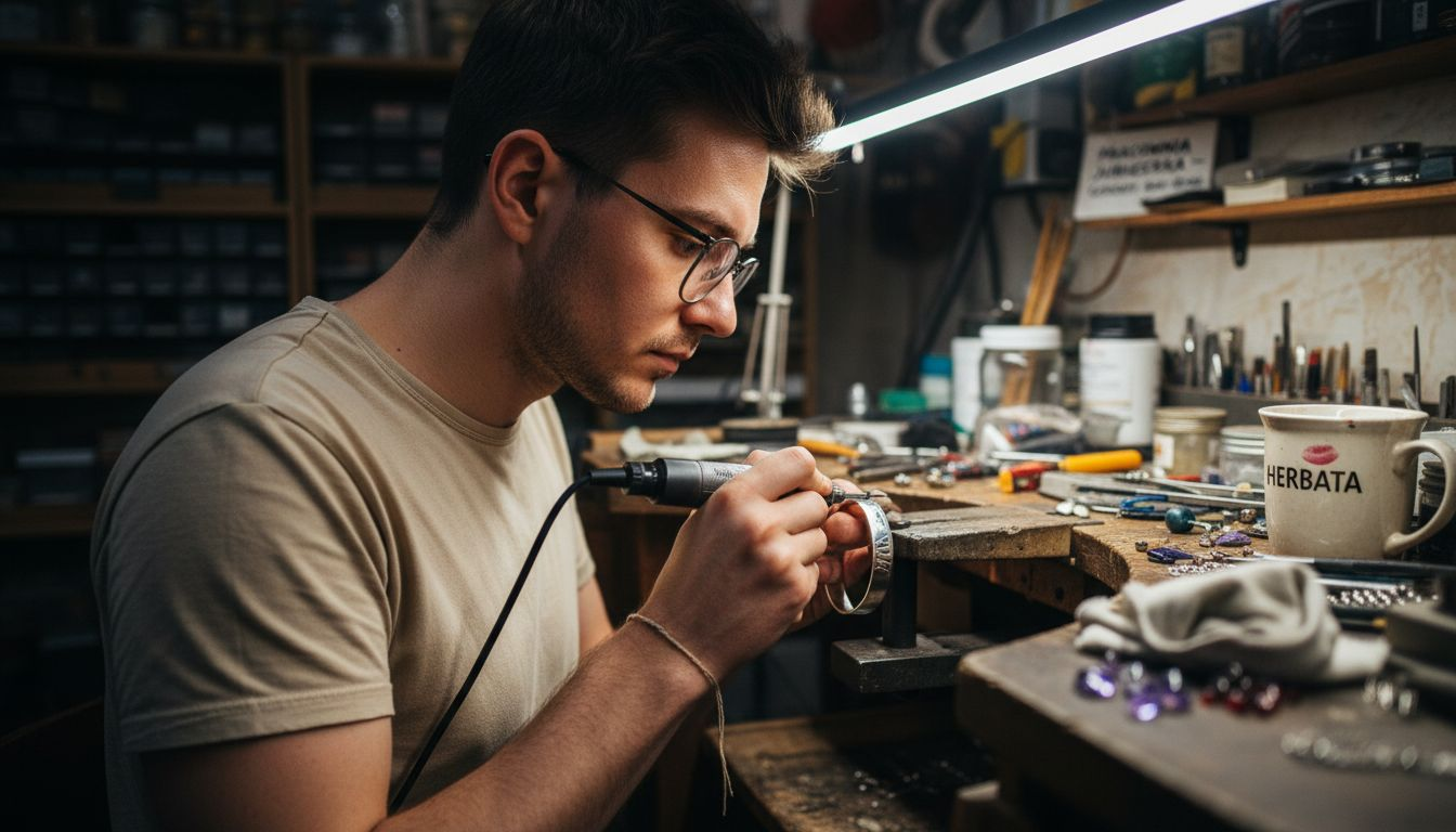 Jubiler graweruje inicjały na srebrnej bransoletce