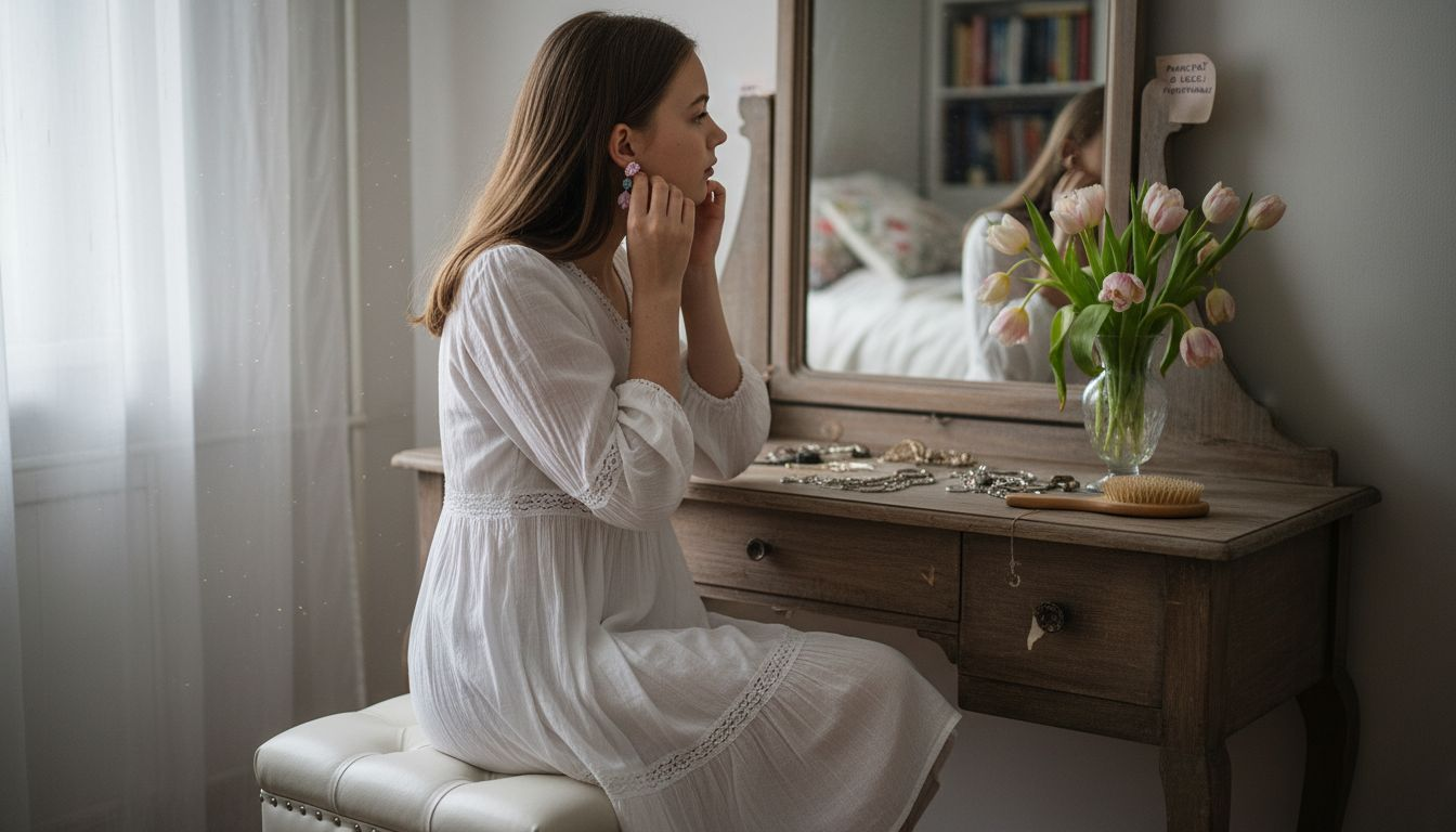 Dziewczynka wybiera delikatne, pastelowe kolczyki z kryształkami na swoją komunię.