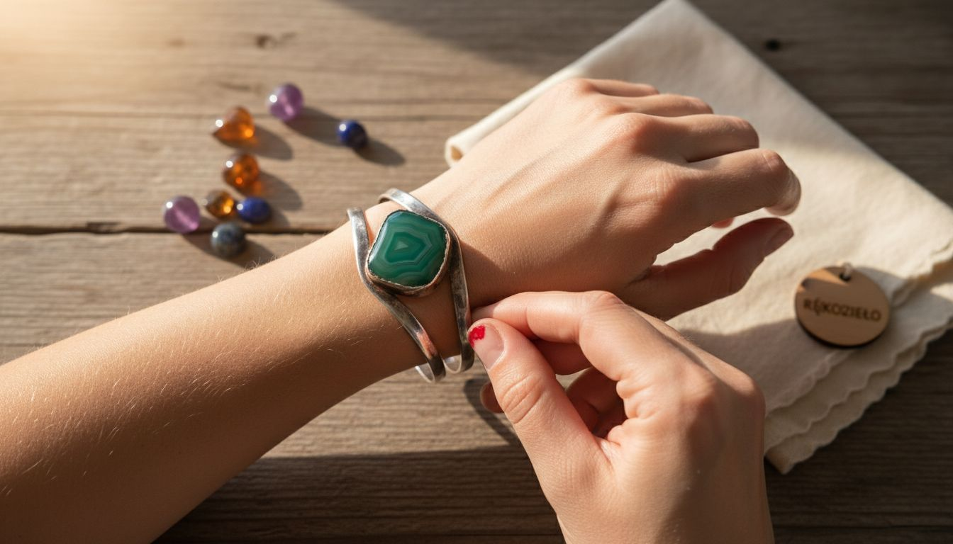 Detal srebrnej bransoletki z agatem w roli głównej