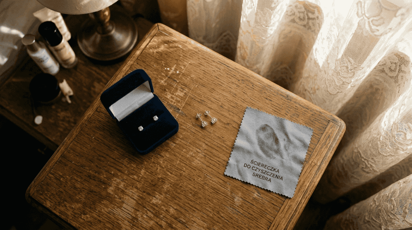 Zbliżenie na srebrne kolczyki z cyrkoniami leżące na toaletce