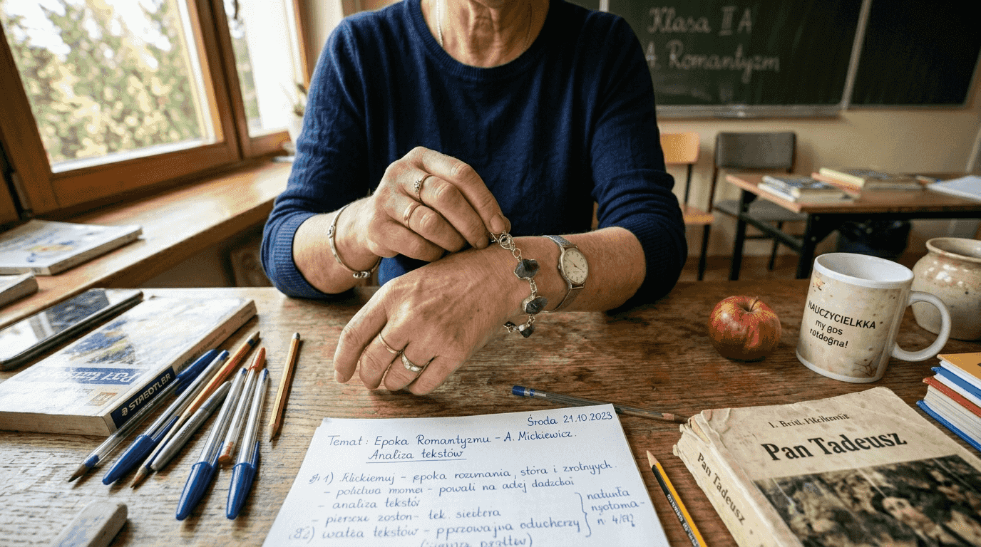 Zbliżenie na dłonie nauczycielki ozdobione bransoletką z ametystów