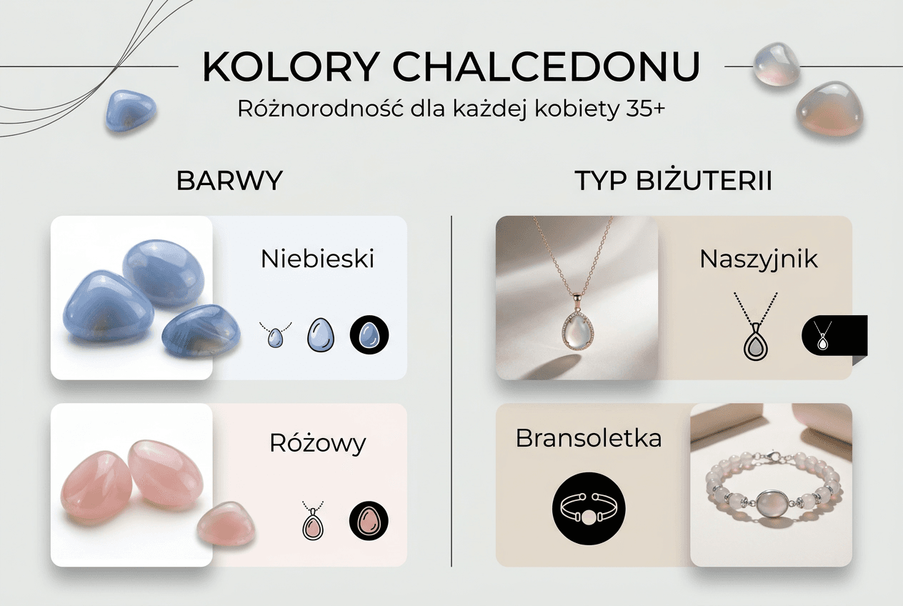 Przegląd kolorów i rodzajów biżuterii z chalcedonu w formie infografiki