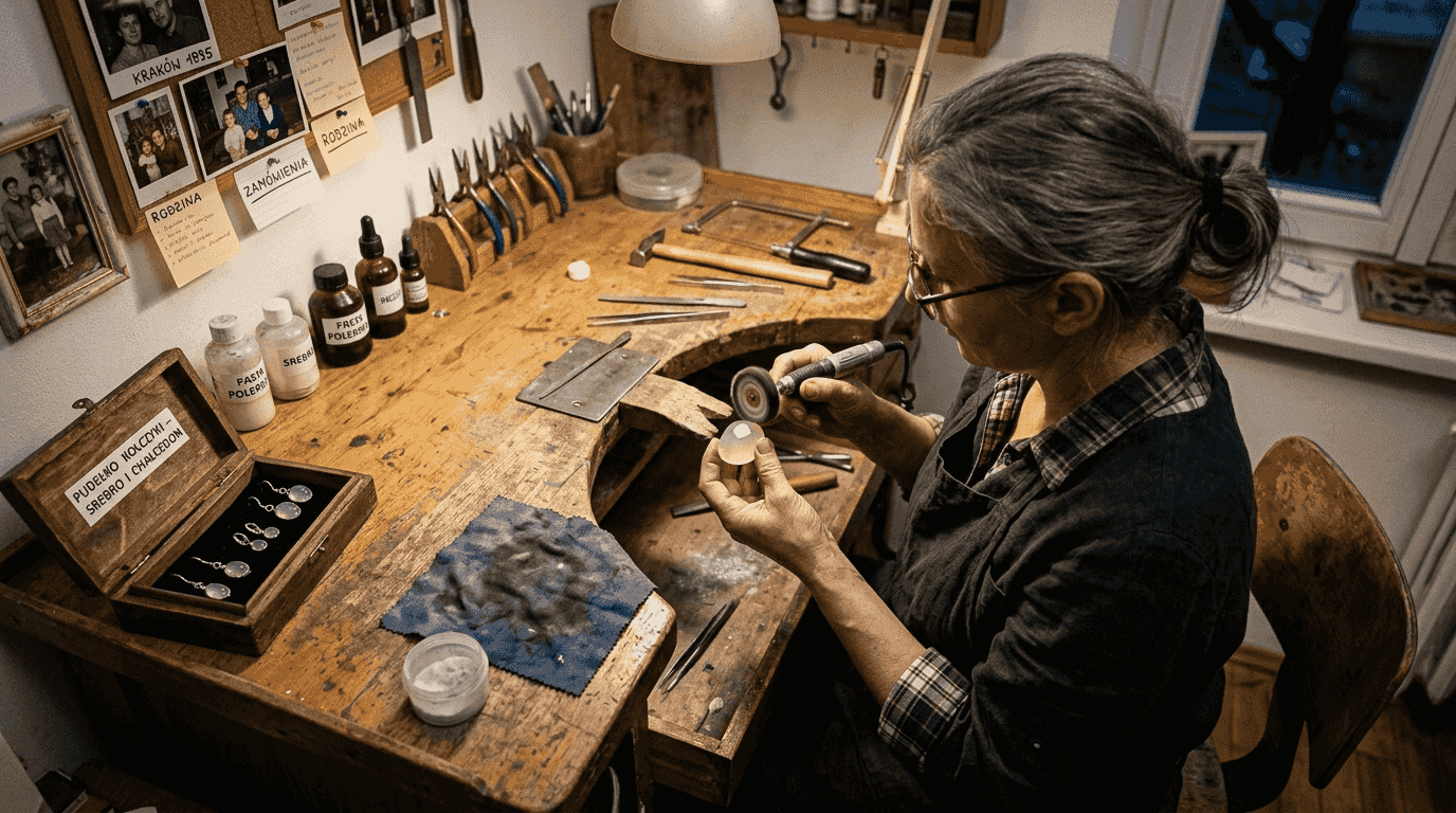 Jubilerka starannie szlifuje chalcedon, by wydobyć z niego pełnię blasku.