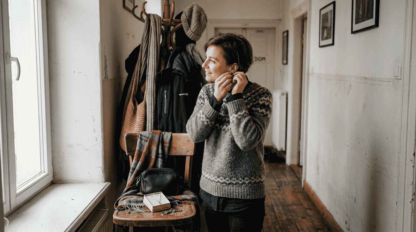 Kobieta o krótkiej fryzurze sięga po drobne kolczyki.