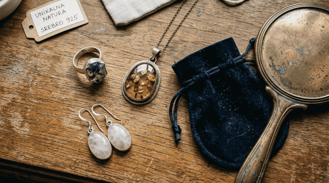 Detaliczne ujęcie biżuterii ozdobionej agatem, bursztynem i kwarcem