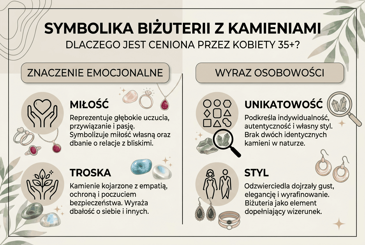 Infografika przedstawiająca znaczenie i symbolikę kamieni szlachetnych w biżuterii