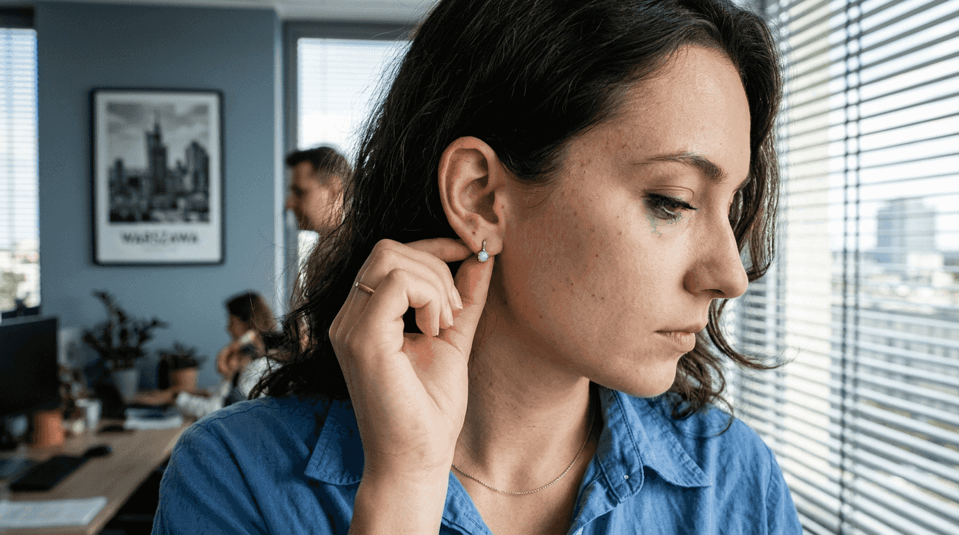 Zbliżenie na srebrne kolczyki z opalem, zdobiące ucho kobiety.