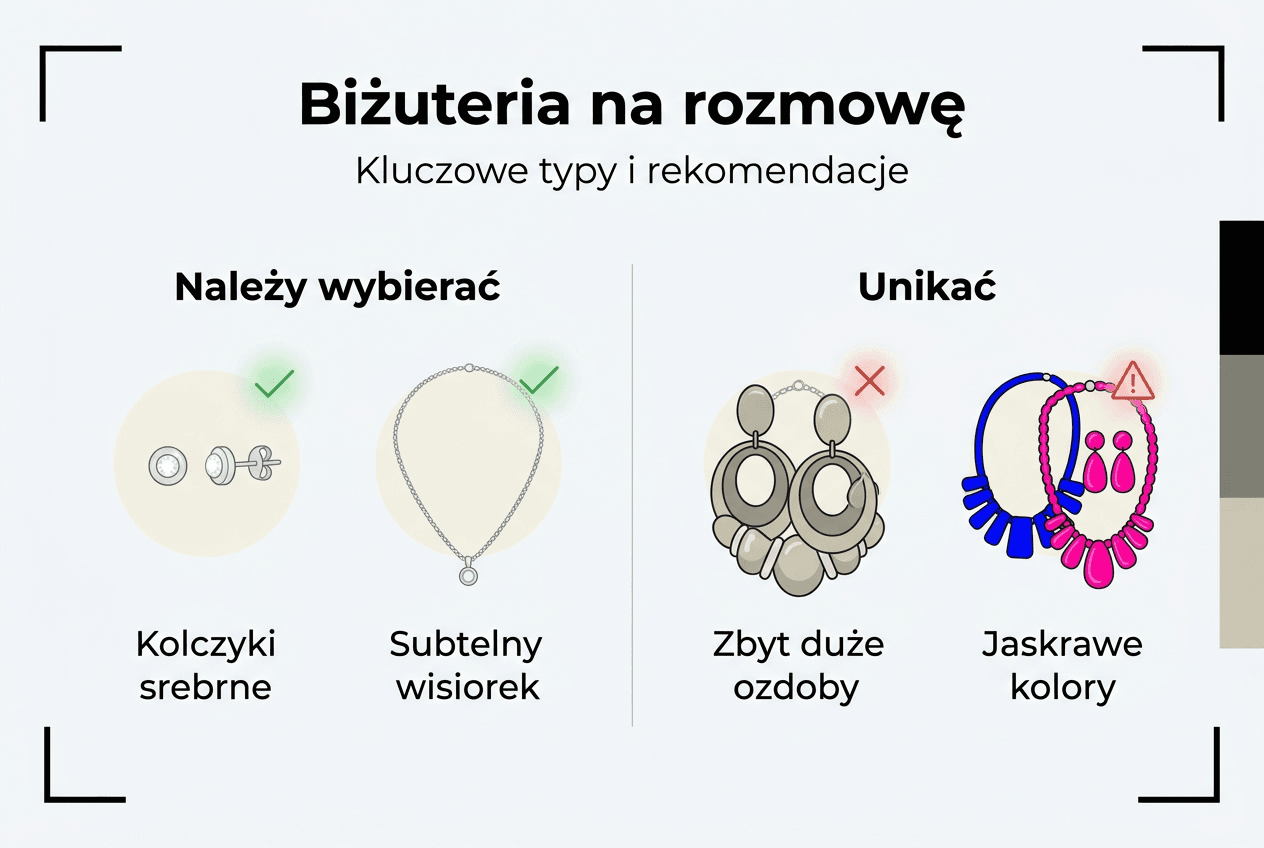 Infografika przedstawiająca różne rodzaje biżuterii idealnej na rozmowę kwalifikacyjną