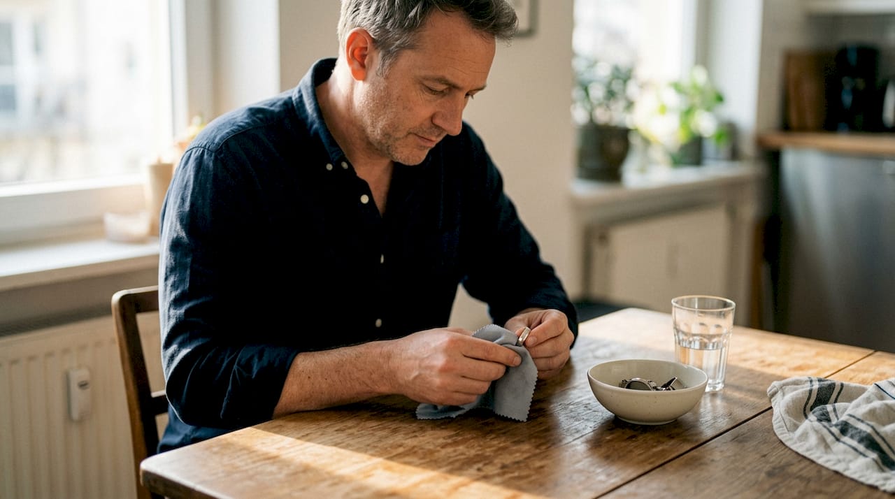 Mężczyzna czyści srebrny pierścionek, siedząc przy kuchennym stole.