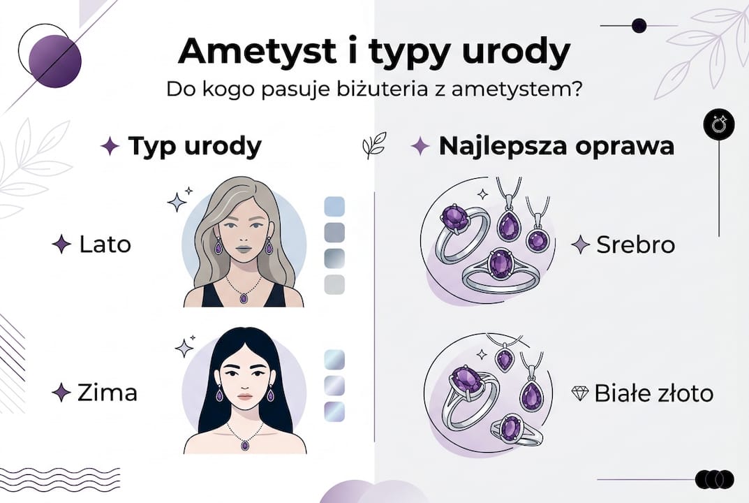 Infografika: typy urody a oprawa biżuterii z ametystem – jak dobrać kamień do swojego typu urody?