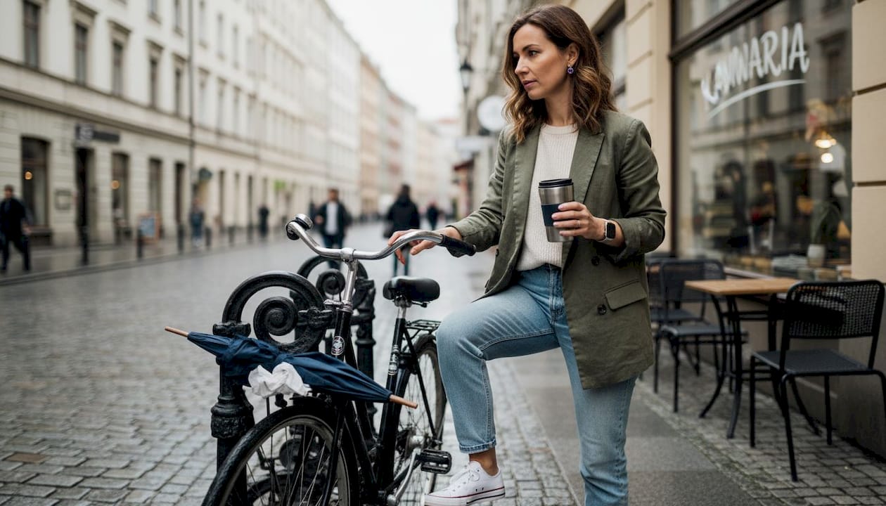 Kobieta w kolczykach z ametystu jedzie rowerem przez miasto