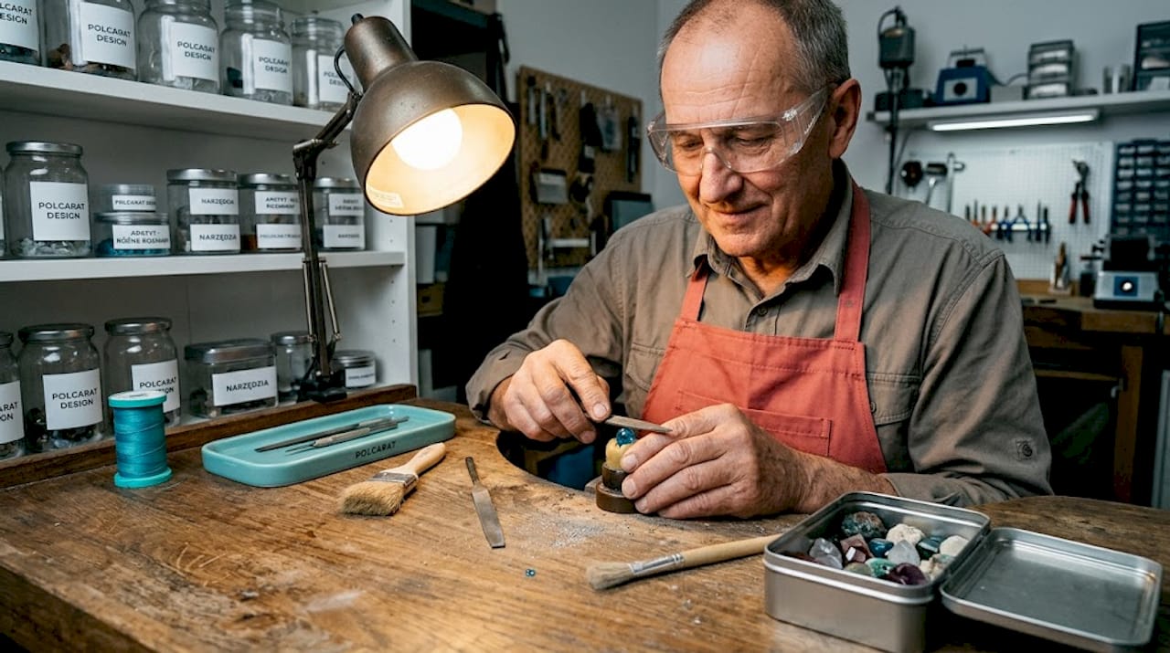 Jubiler obrabia apatyty w swoim warsztacie, nadając im wyjątkowy blask i kształt.