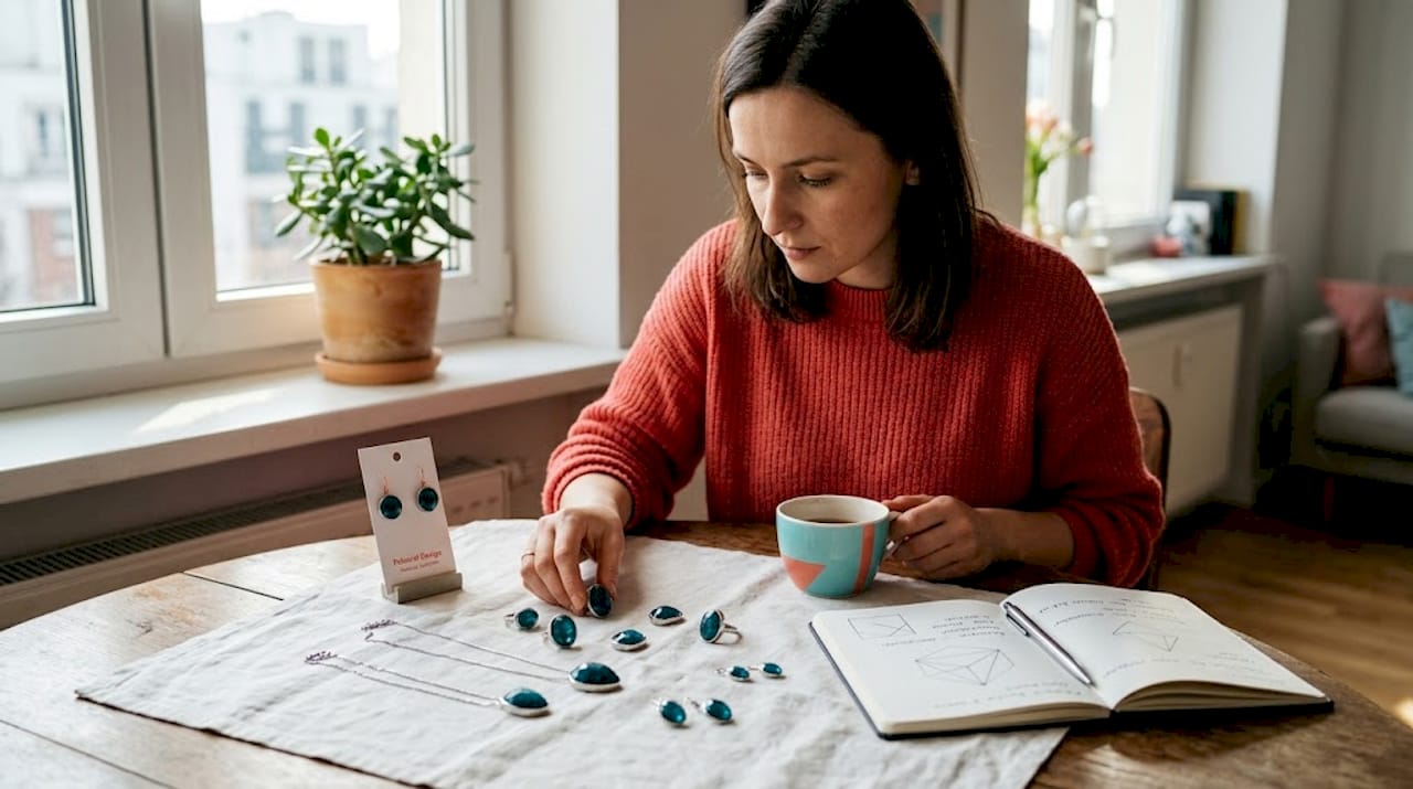 Przy stole kobieta z zaciekawieniem przegląda biżuterię ozdobioną apatytem.