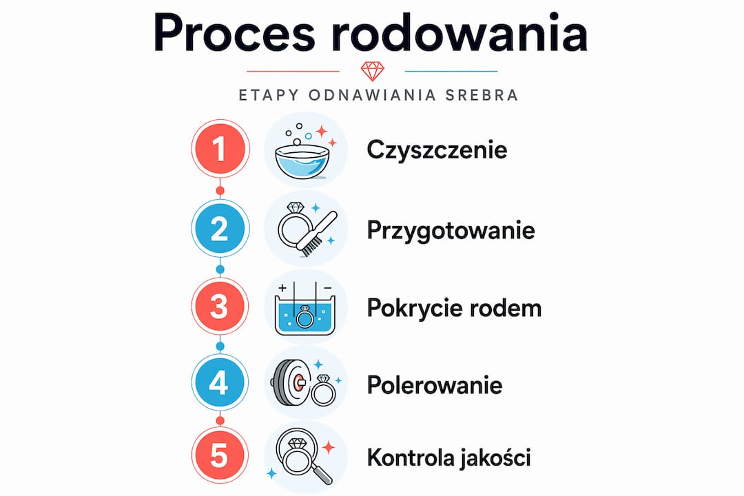 Infografika pokazująca kolejne kroki procesu rodowania srebra