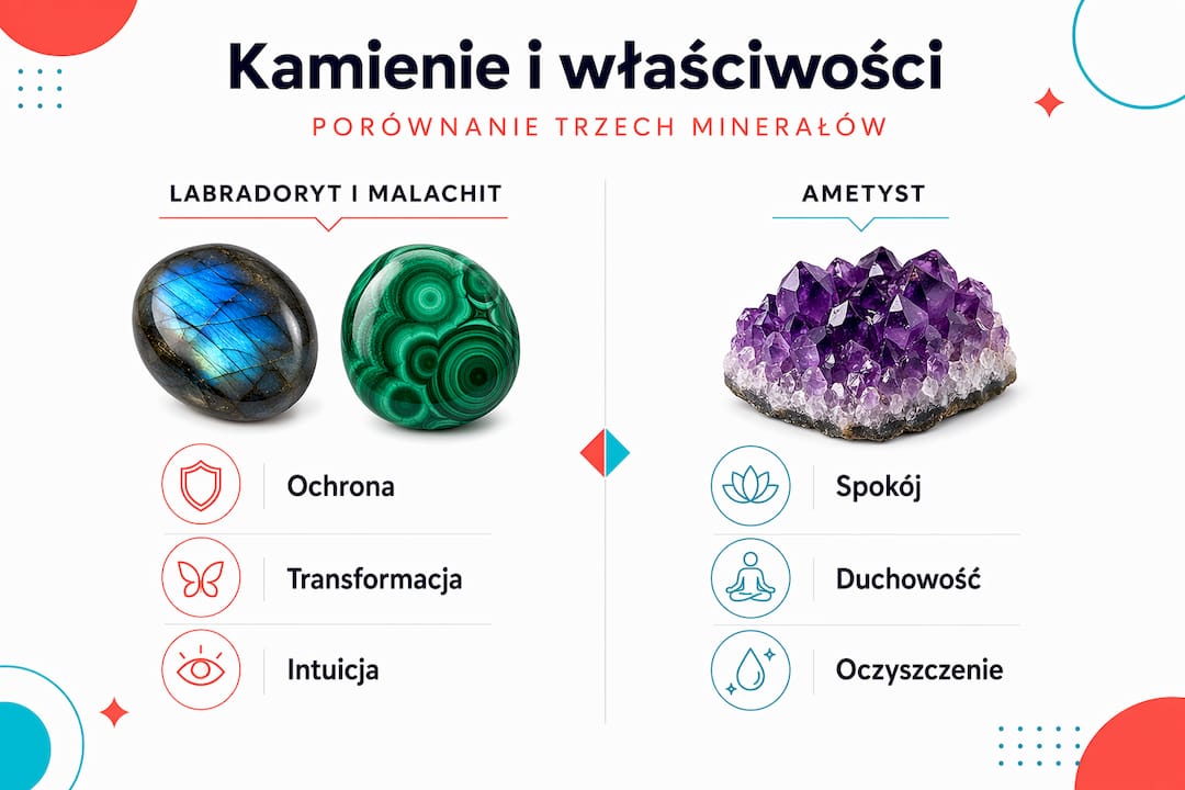 Porównawcza infografika przedstawiająca najważniejsze cechy trzech wybranych kamieni