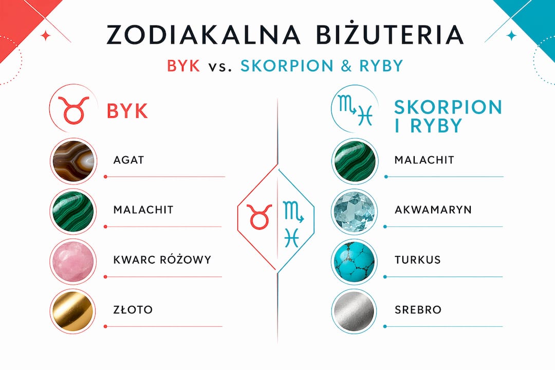 Porównanie biżuteryjnych wyborów Byka i znaków wodnych – infografika ukazująca różnice w gustach.