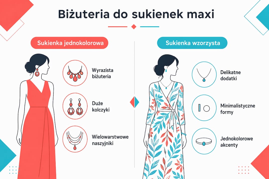 Infografika pokazująca, jak biżuteria prezentuje się w zestawieniu z sukienką jednokolorową i tą we wzory.