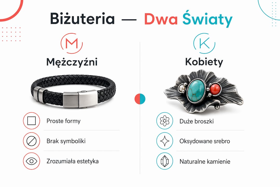 Grafika pokazująca, jak kobiety i mężczyźni inaczej patrzą na biżuterię – zestawienie ich opinii i podejścia.