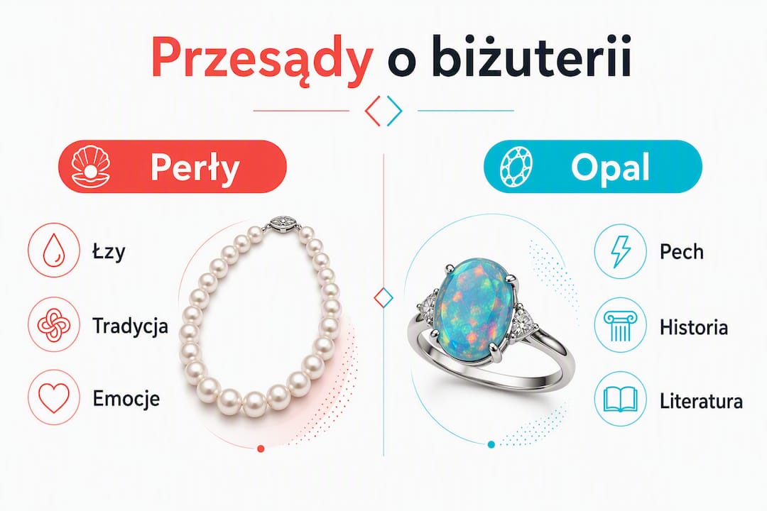 Infografika ukazująca najpopularniejsze przesądy związane z perłami i opalami w biżuterii