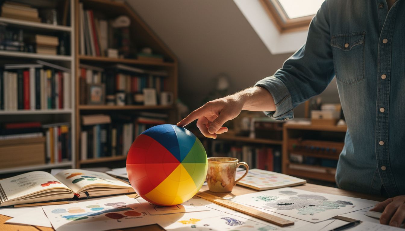 Artist points to primary colours on globe