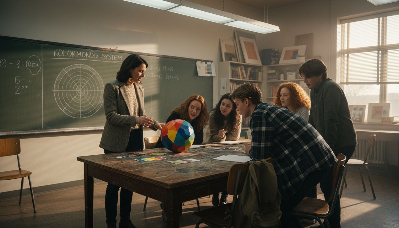 Teacher showing Kolormondo color globe in classroom