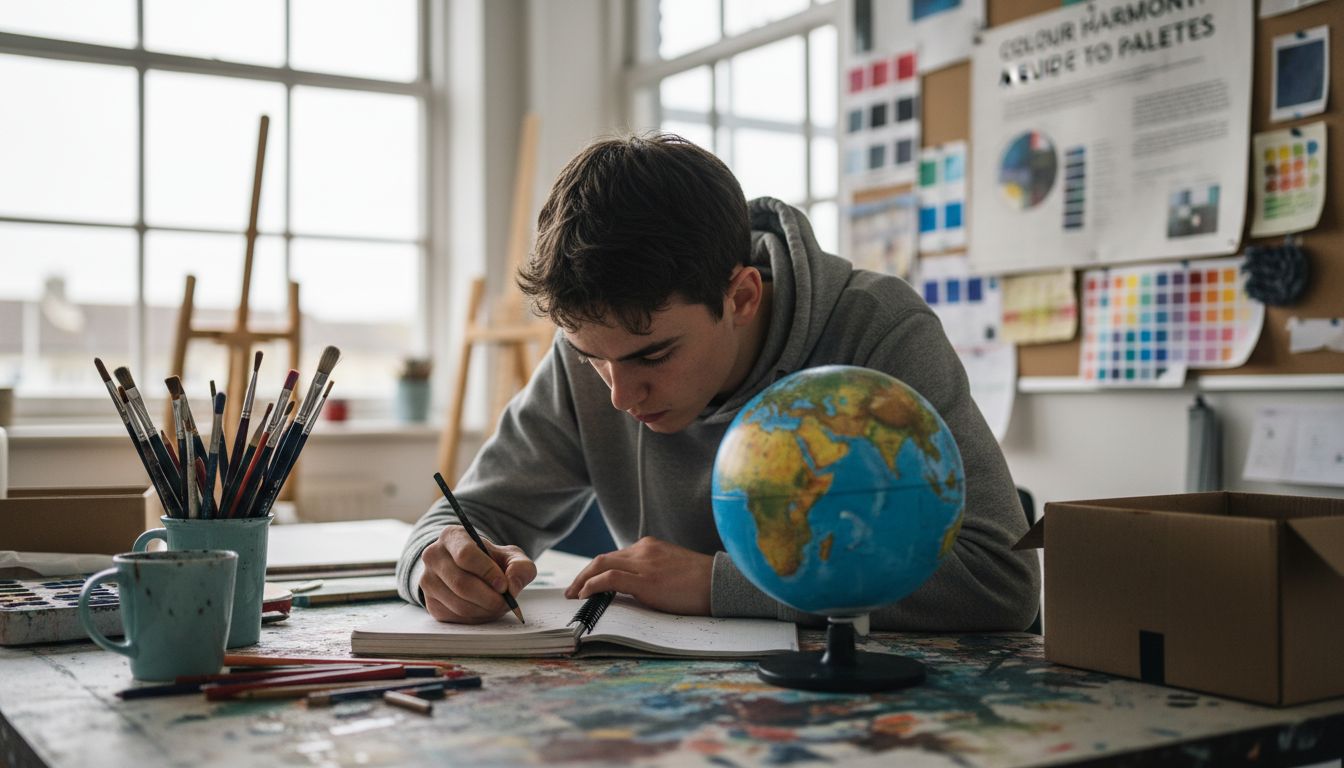 Student studying with color globe model