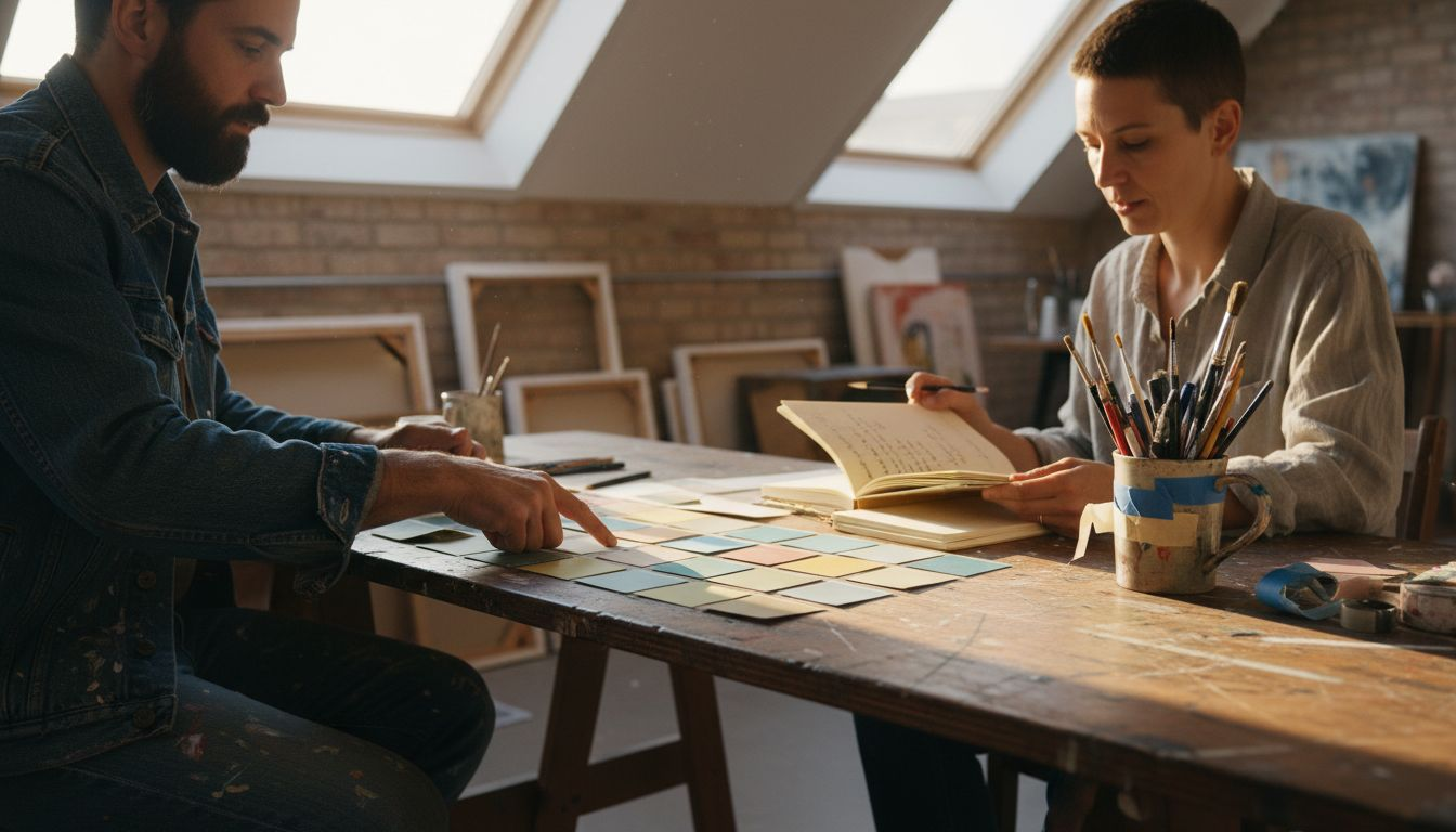 Artists comparing hand-cut colour swatches