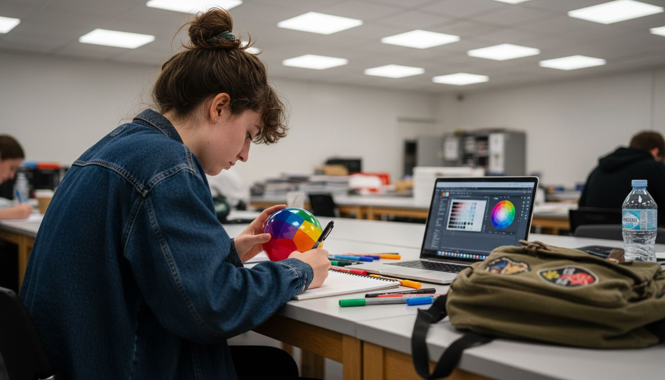 Student rotating colour globe while taking notes