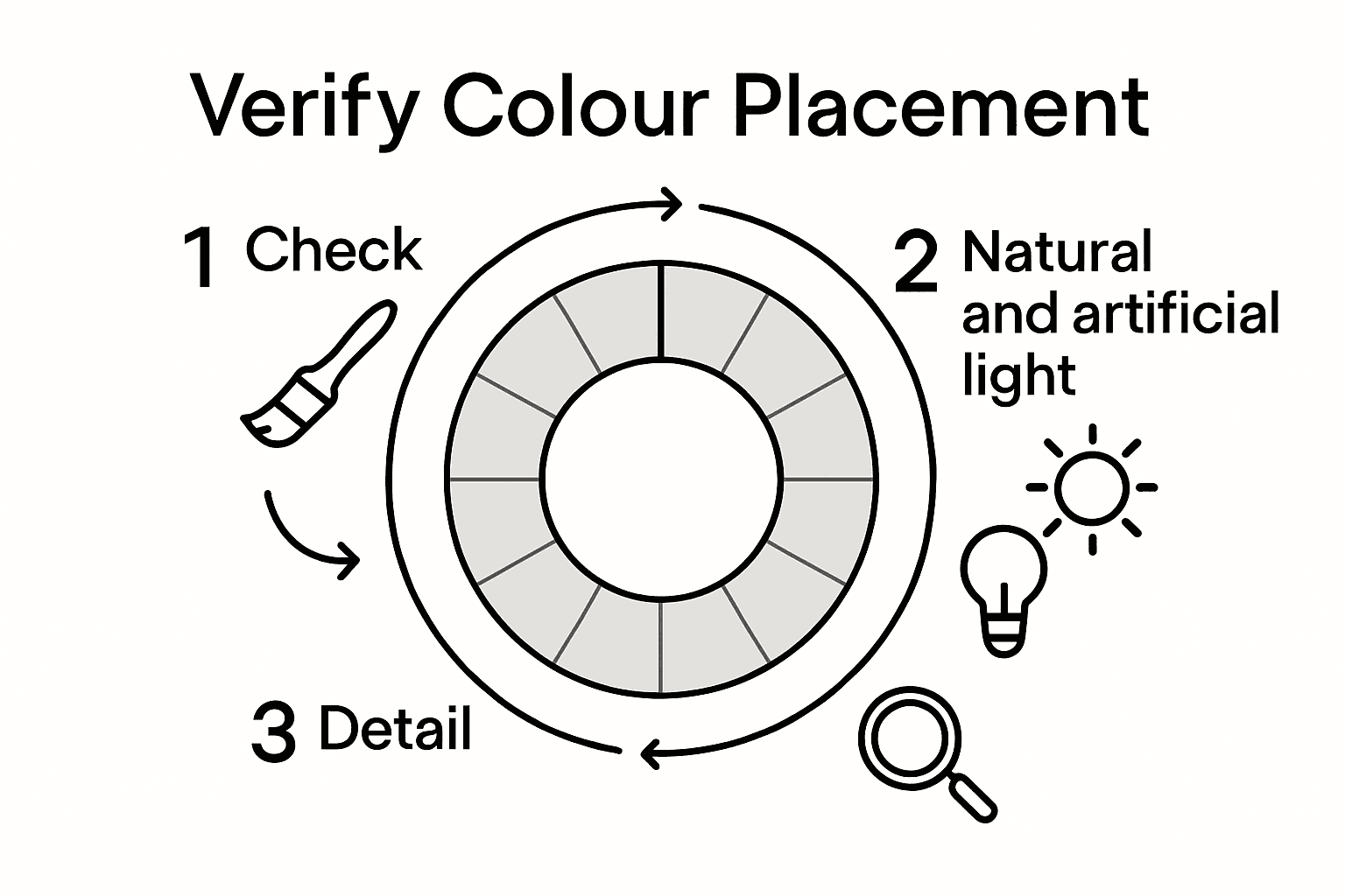 Infographic showing colour wheel placement checking steps