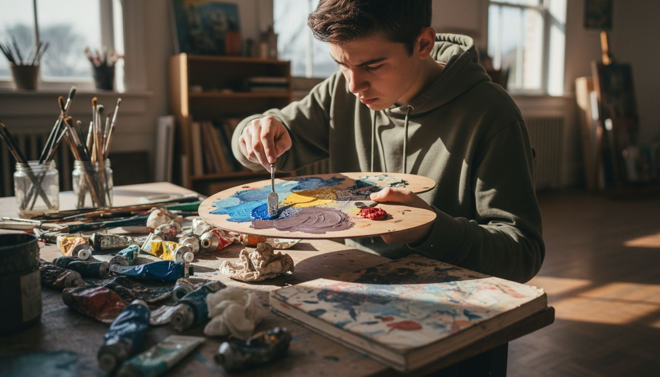 Student mixing colors at wooden palette