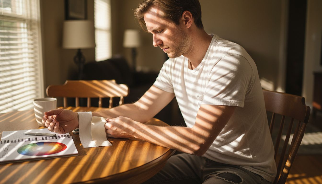 Man testing clothing swatches for skin tone