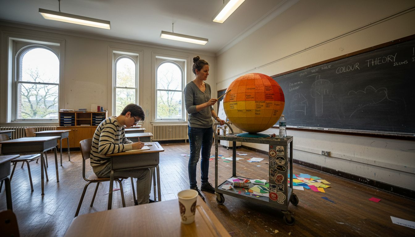 Instructor presenting three-dimensional colour sphere model