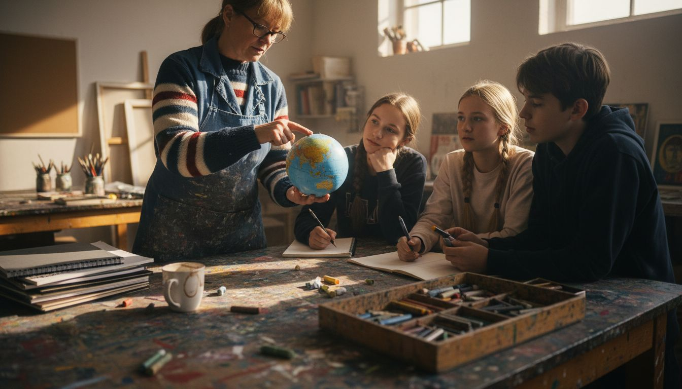 Art teacher showing Kolormondo globe to students