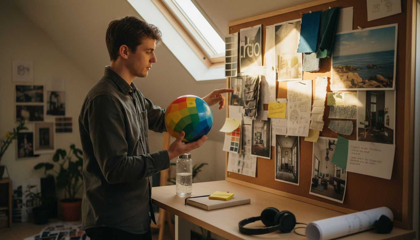 Designer referencing Kolormondo globe beside mood board