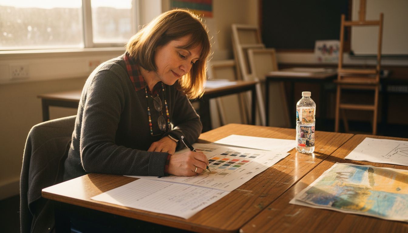 Teacher marking flat colour chart at desk
