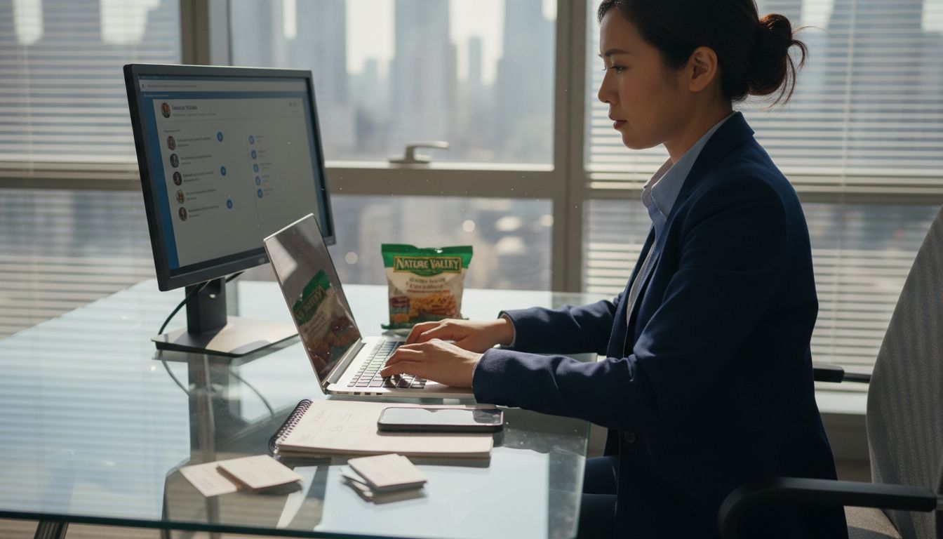B2B saleswoman at desk with devices