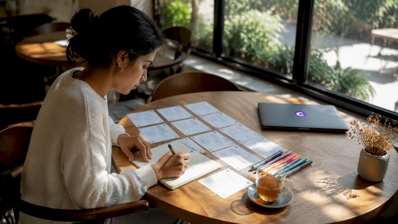 Marketer organizing testimonial printouts at desk