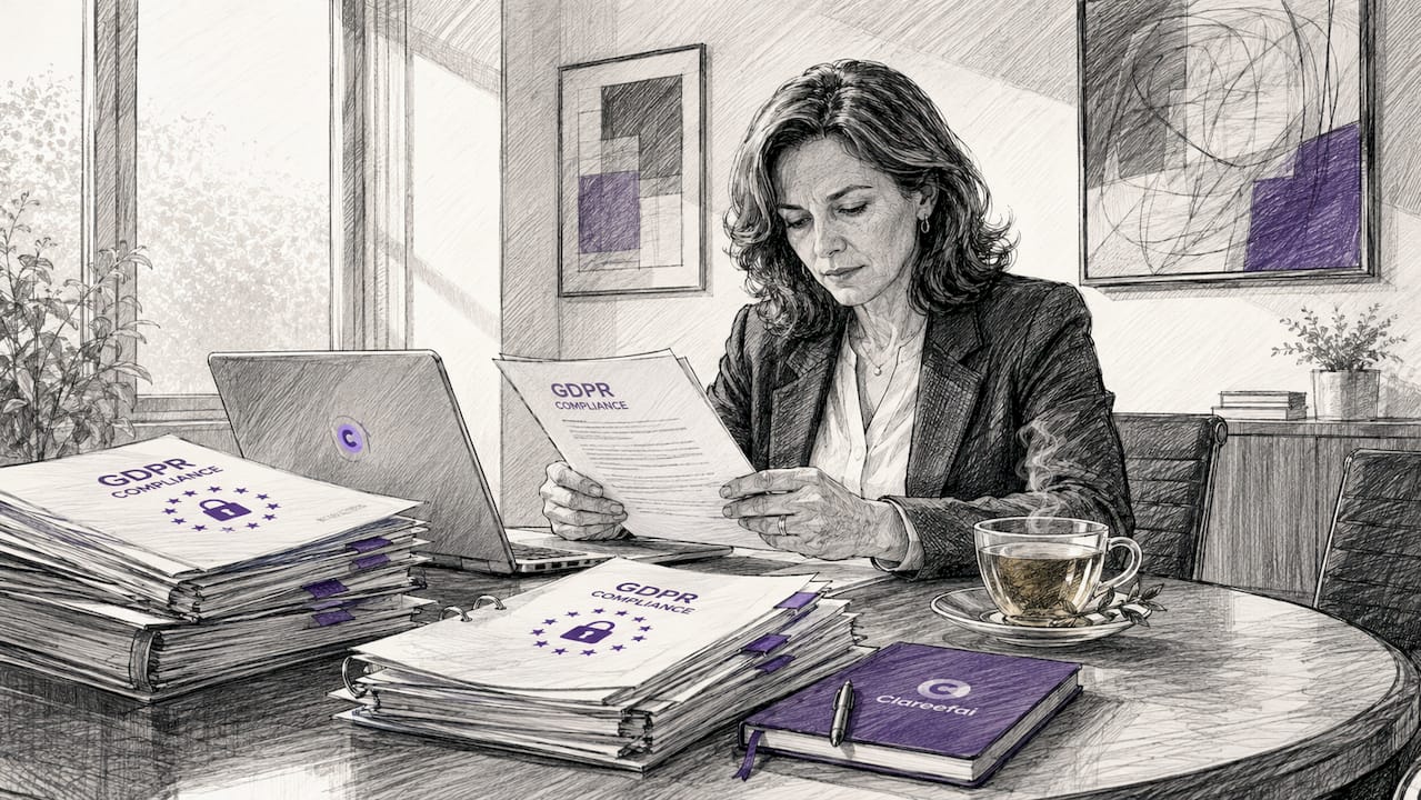 Professional woman reviewing GDPR documents at office desk