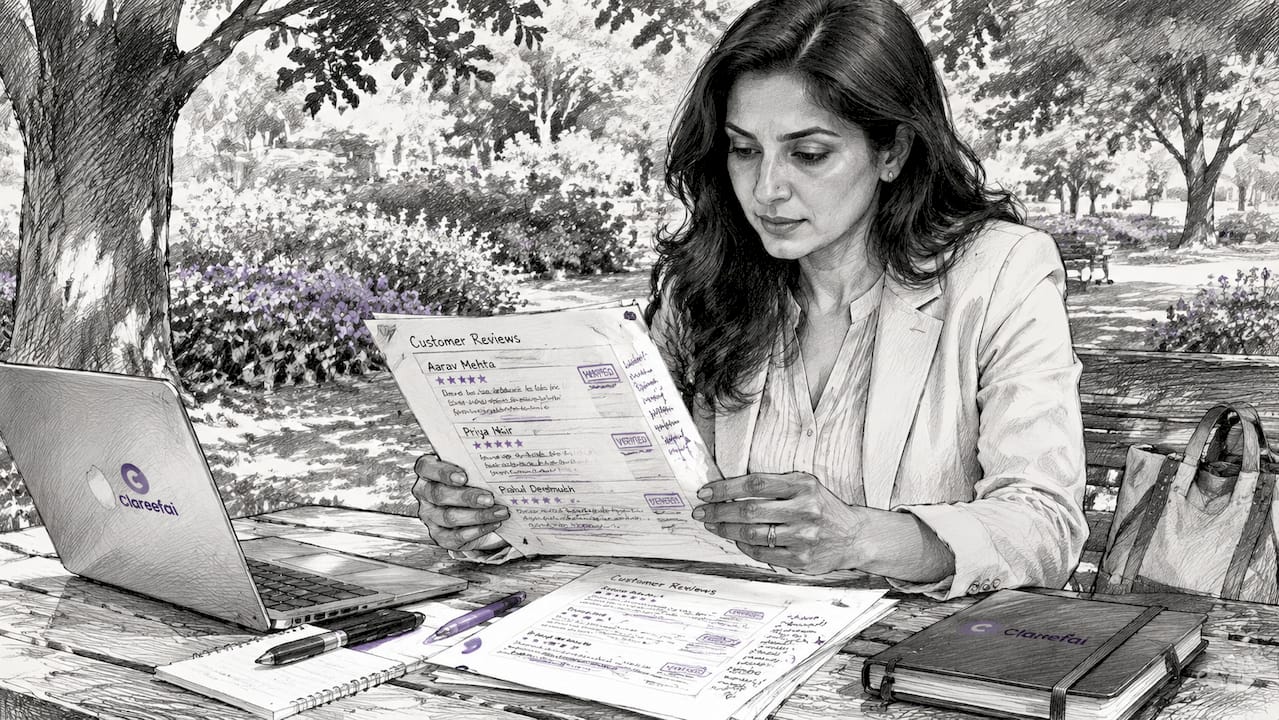 Woman inspecting printed verified reviews at desk