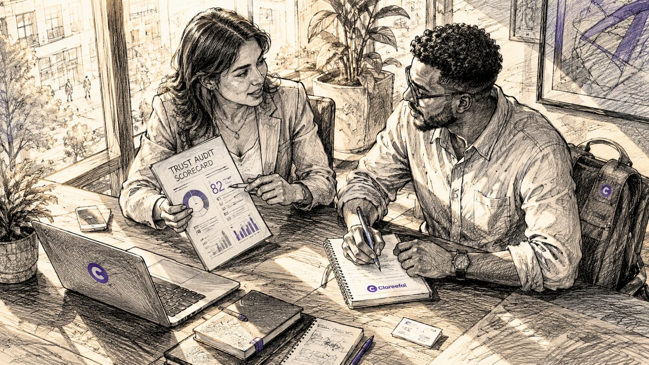 B2B sales team discussing trust audit scorecards