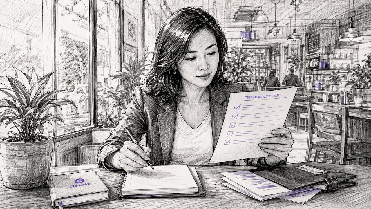 Marketer reviewing testimonial checklist at desk