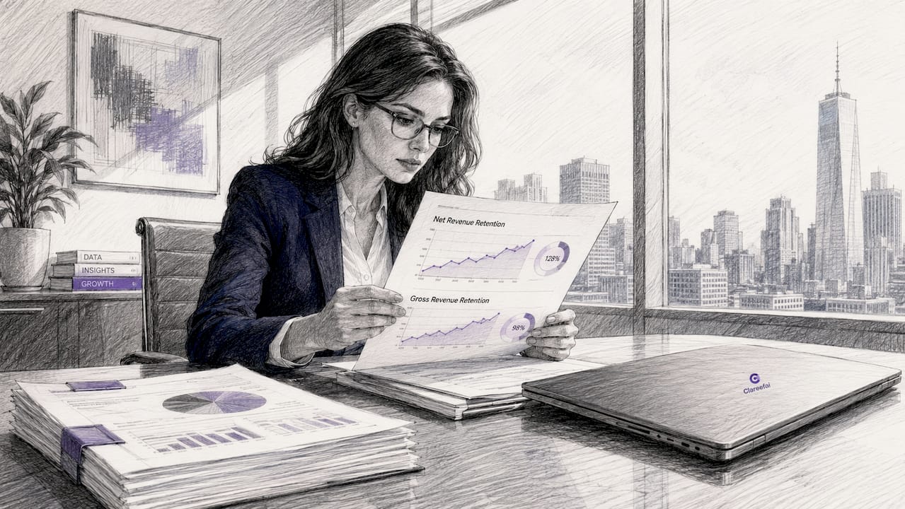 Professional woman reviewing revenue retention reports