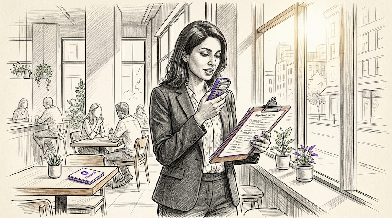 Woman recording customer testimonial at desk