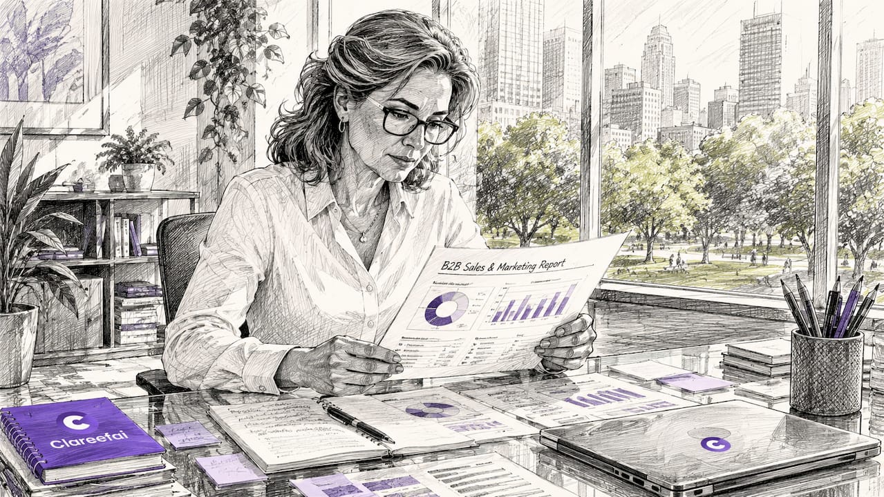 Professional woman reviewing B2B report at desk