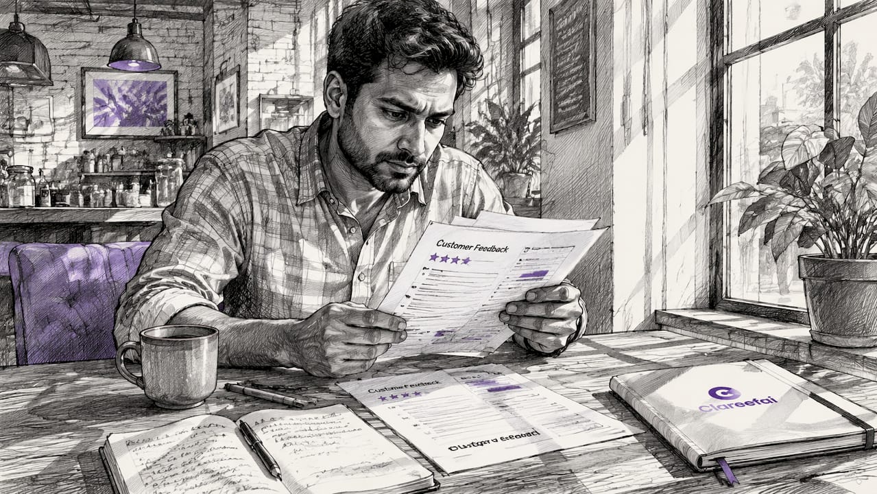 Man reviewing customer feedback sheets in office