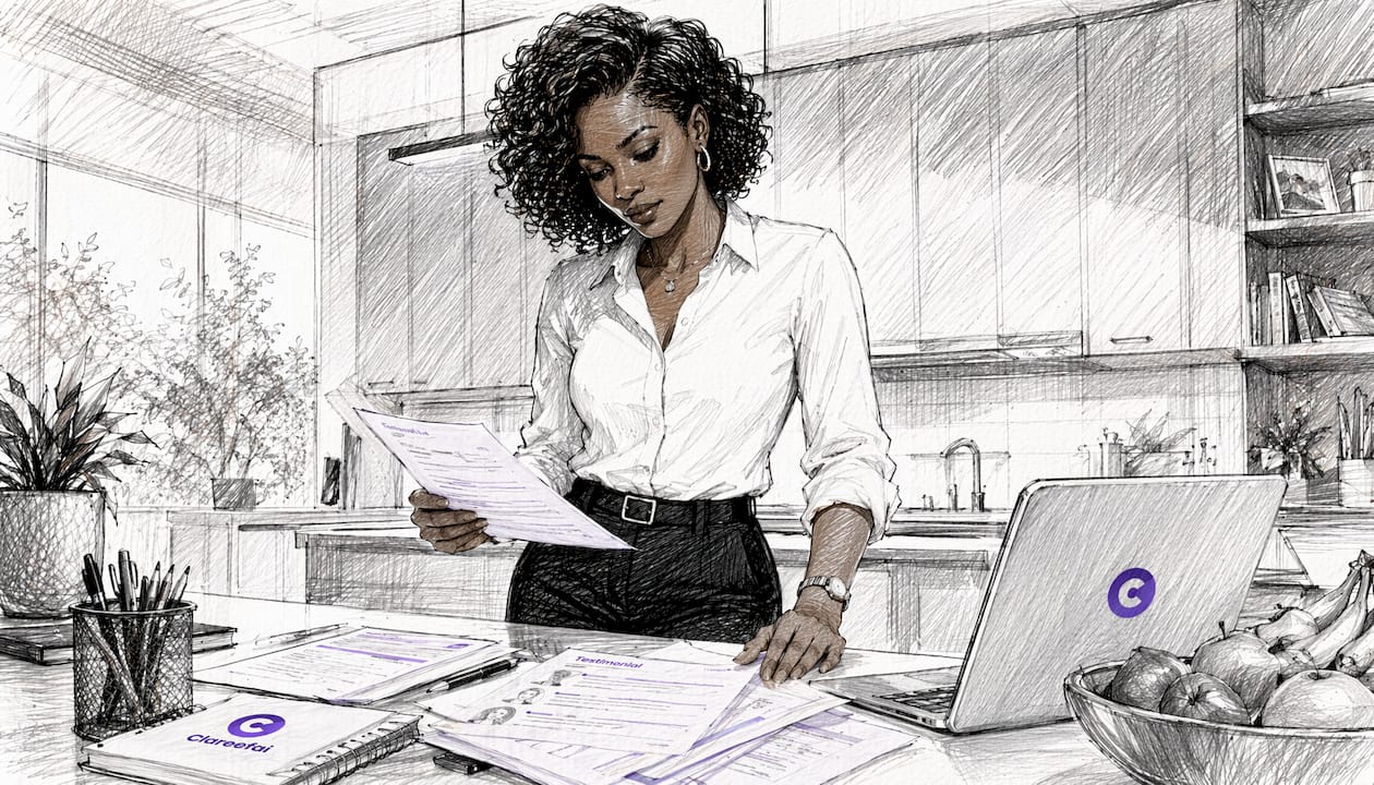 Marketer reviewing printed testimonials carefully