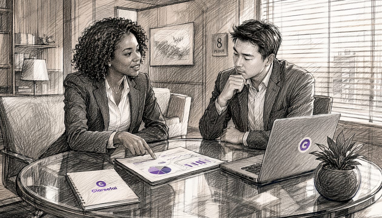 Sales manager consulting client in office