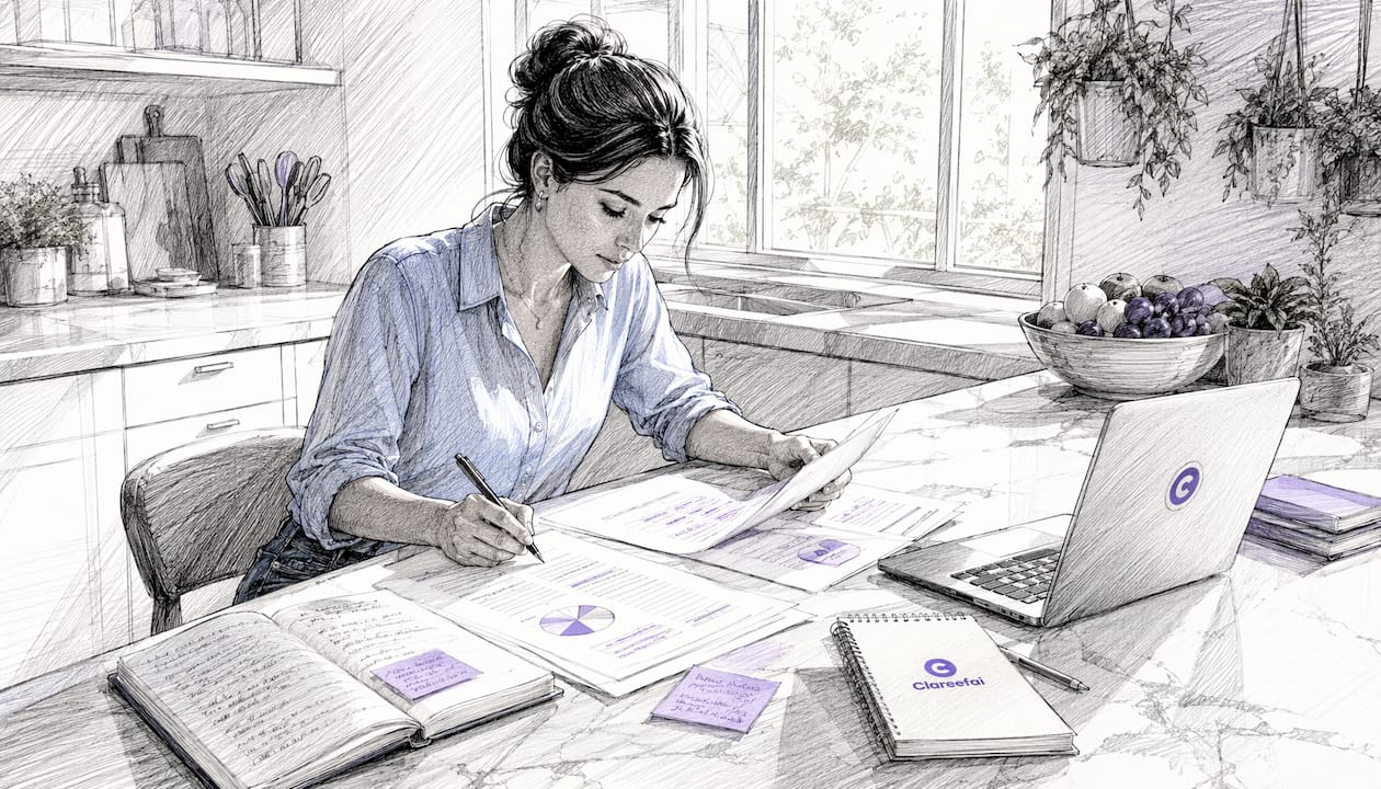 Professional woman reviewing printed feedback at desk