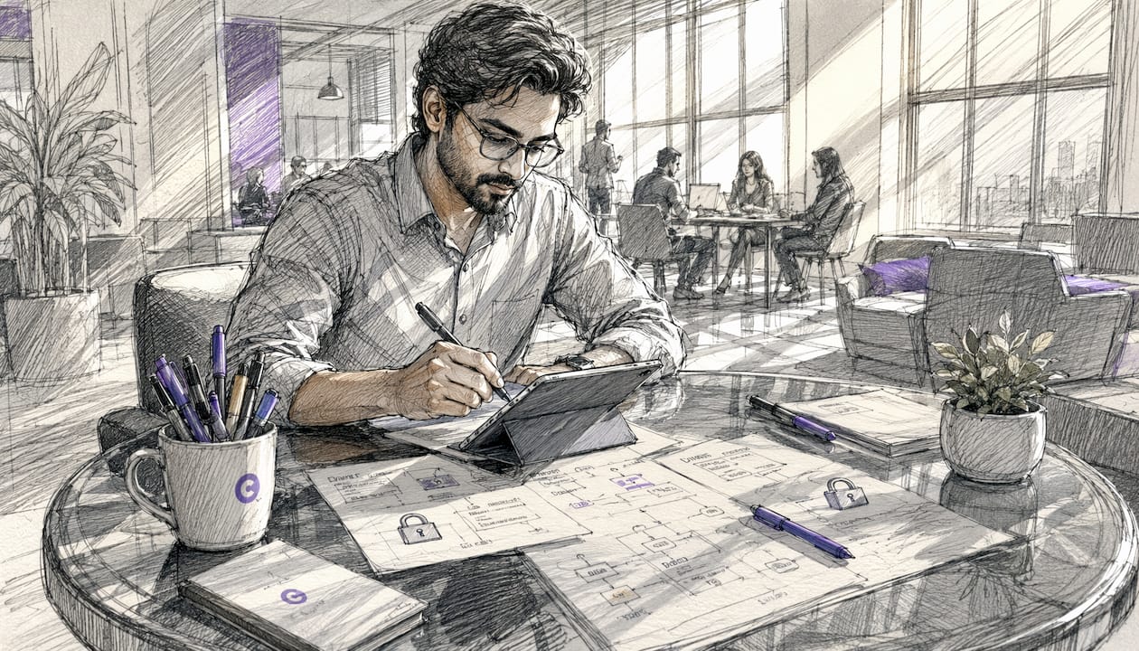 Professional reviewing review verification data at desk