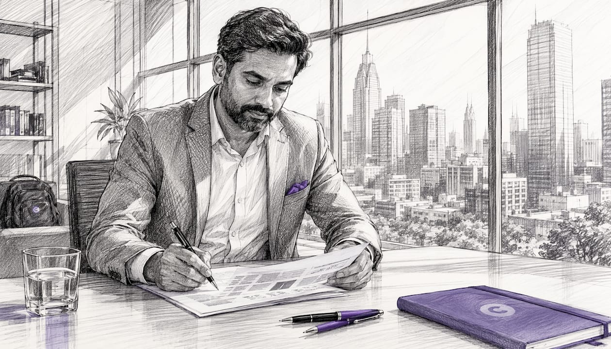 Man reviewing customer success story drafts at desk